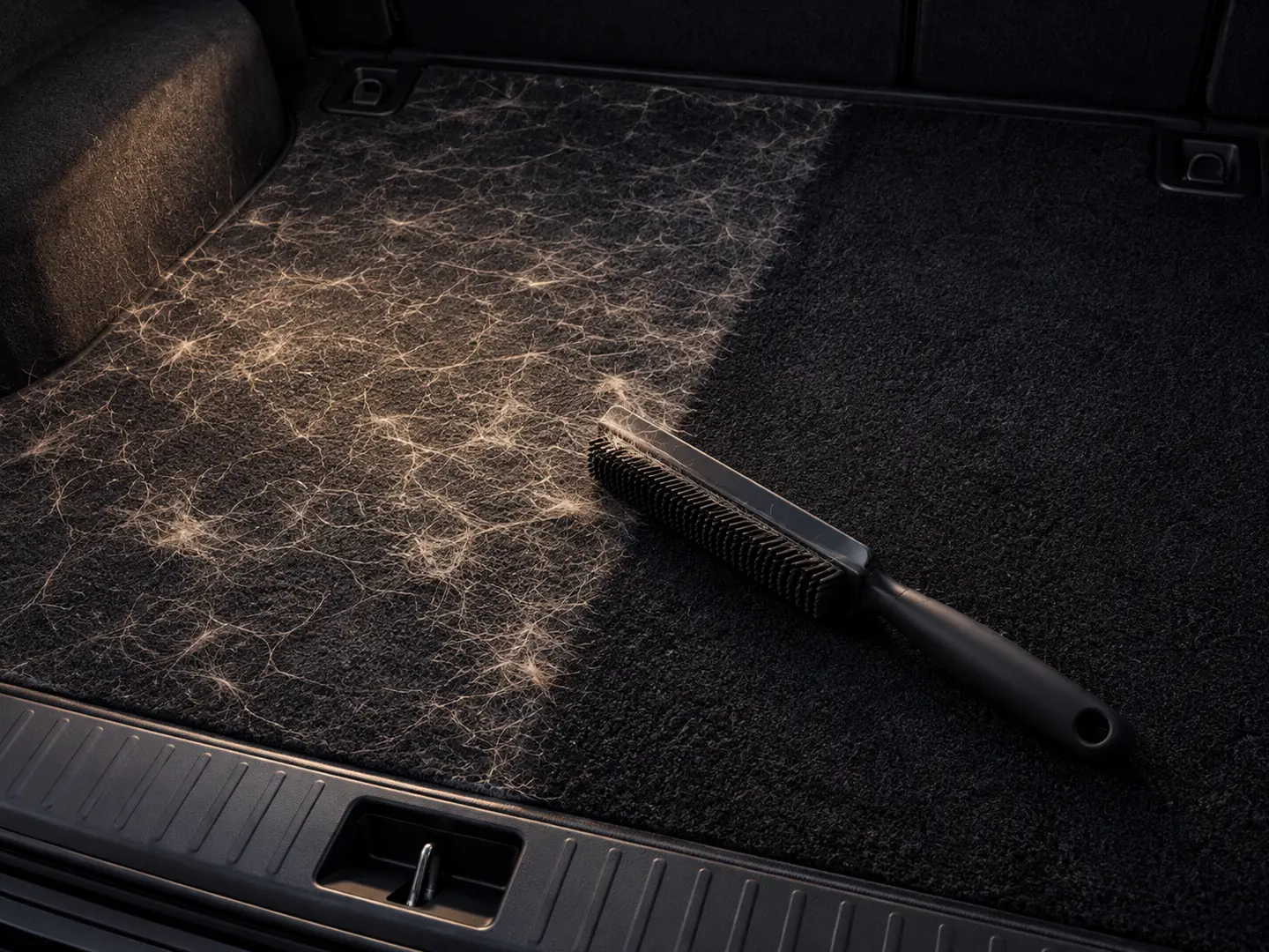 A charcoal boot carpet, one half matted with pale dog hair and the other half brushed clean, a rubber pet-hair brush on the line.