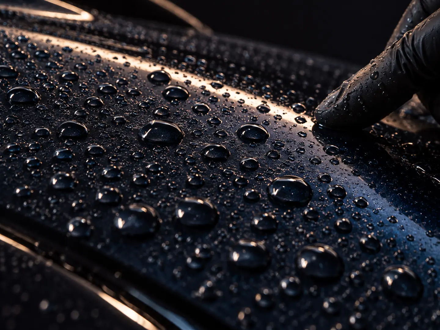 Tight water beads standing on a freshly ceramic-coated dark bonnet, each catching the low light.